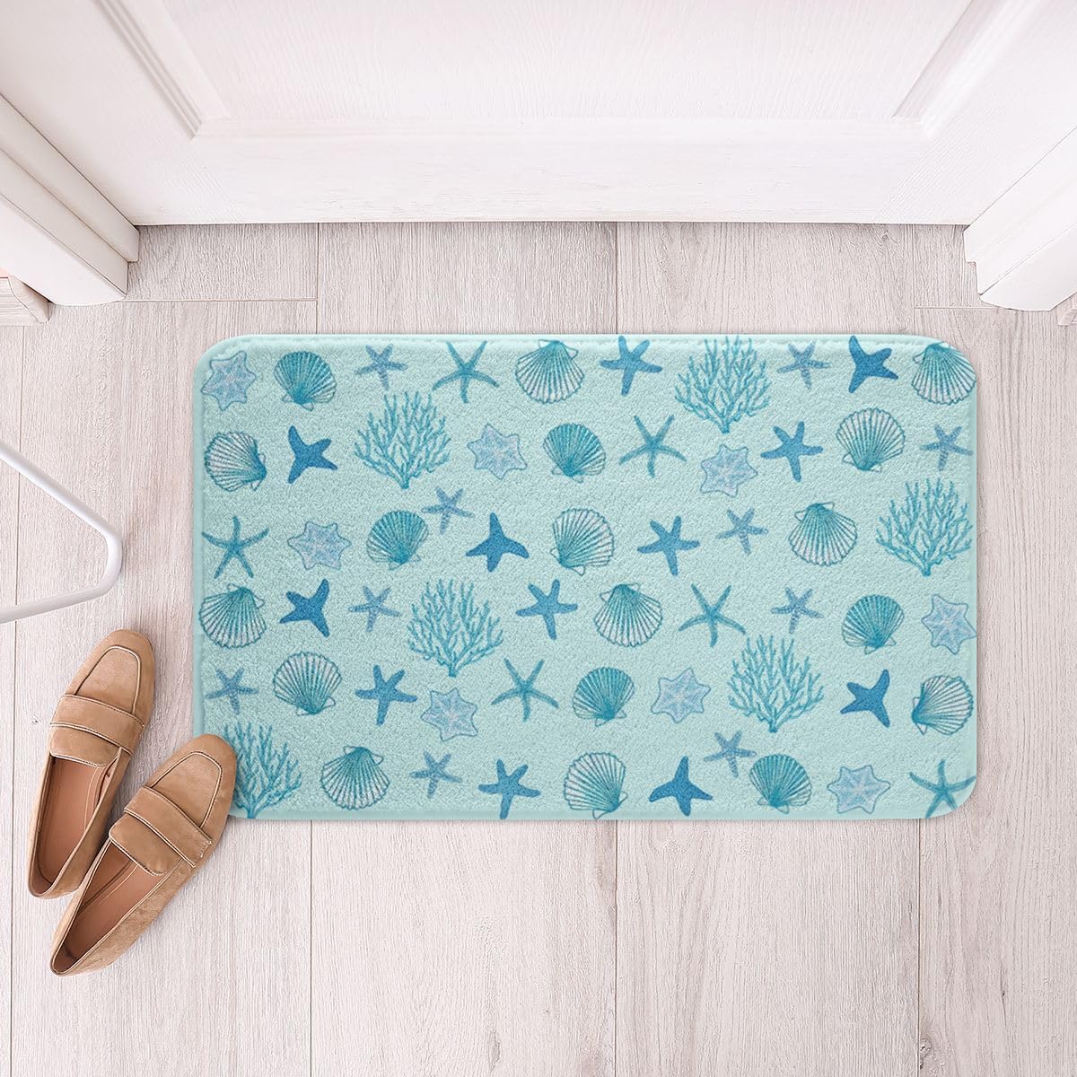 Castle Fairy Summer Beach Shell Bathroom Rugs,Coral Seaweed Conch Non Slip Bath Mats,Ramantic Hawaii Style Machine Washable Carpet for Bathroom Light Blue Soft and Absorbent Bath Mat,16"x24"