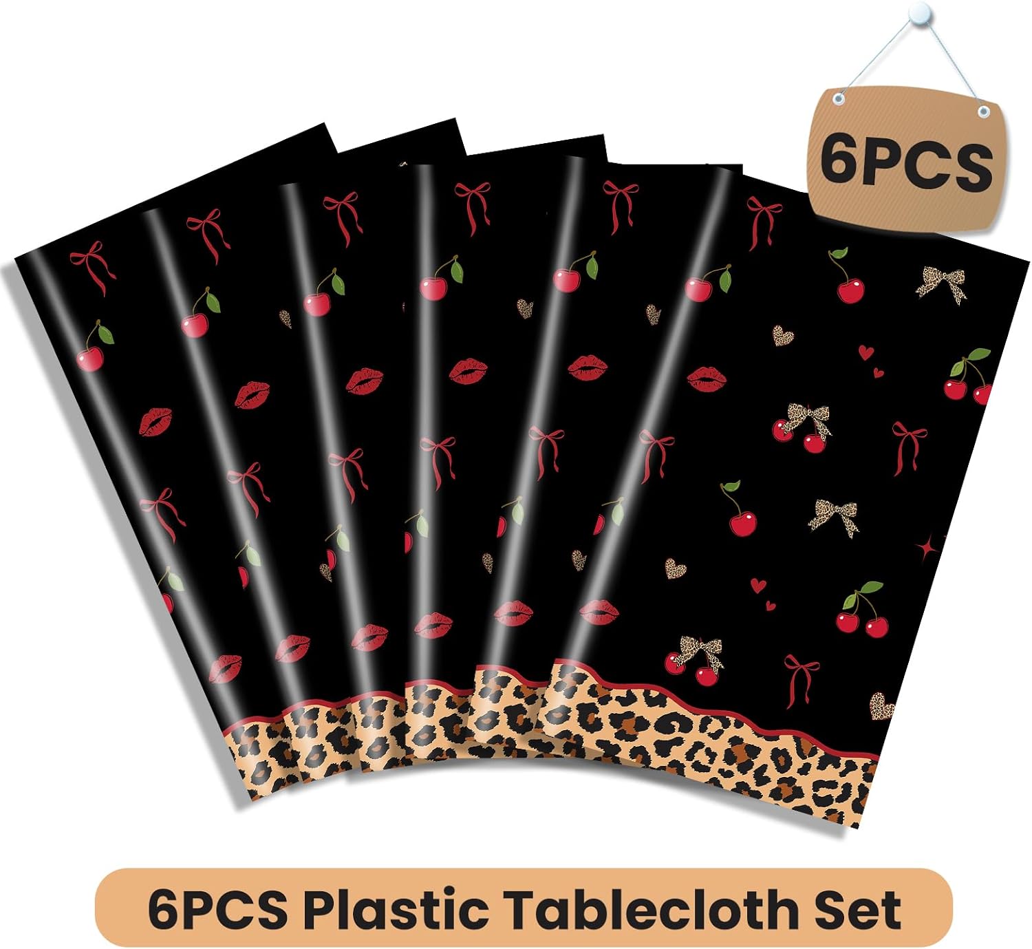 Cheetah Cherry Tablecloth 6 Pcs Red Black Cheetah Print Tableclothes Disposable Waterproof Leopard Table Cover for Women Girls Birthday Party Supplies Table Decorations