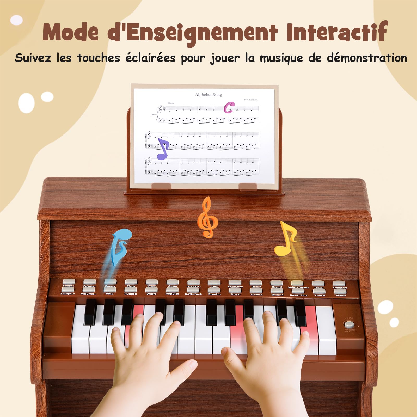 COSTWAY Clavier de Piano Enfant à 25 Touches avec Pupitre Amovible, Piano Numérique avec Mode d'Enseignement & Haut-Parleur, Vitesse et Volume Réglables, Instrument de Musique pour 3 Ans+ (Marron)