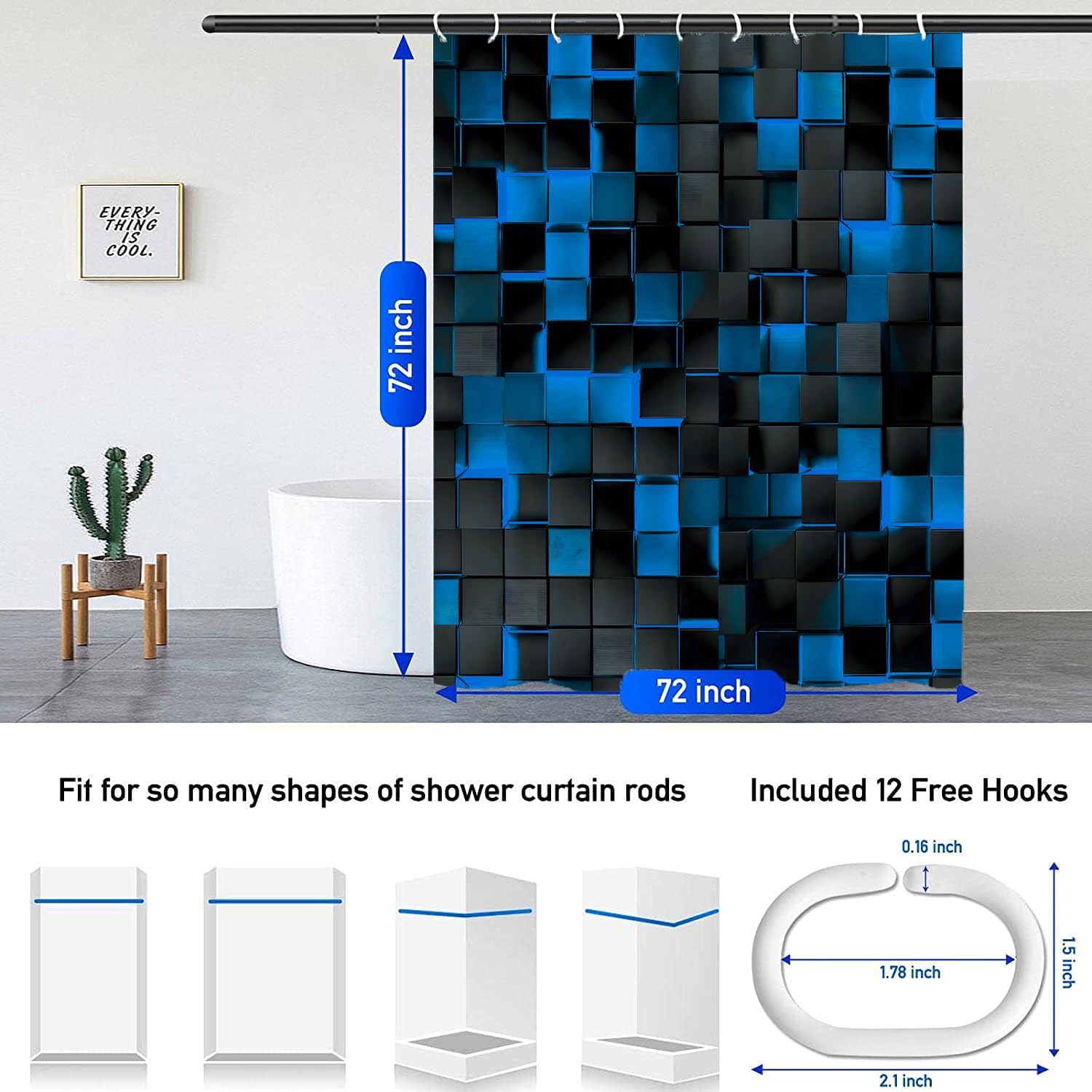 NBVKO 3D Cubes Shower Curtain，Blue Black Shower Curtains for Bathroom，Modern Bathroom Shower Curtain，Washable Fabric Bath Curtain 72''x72''