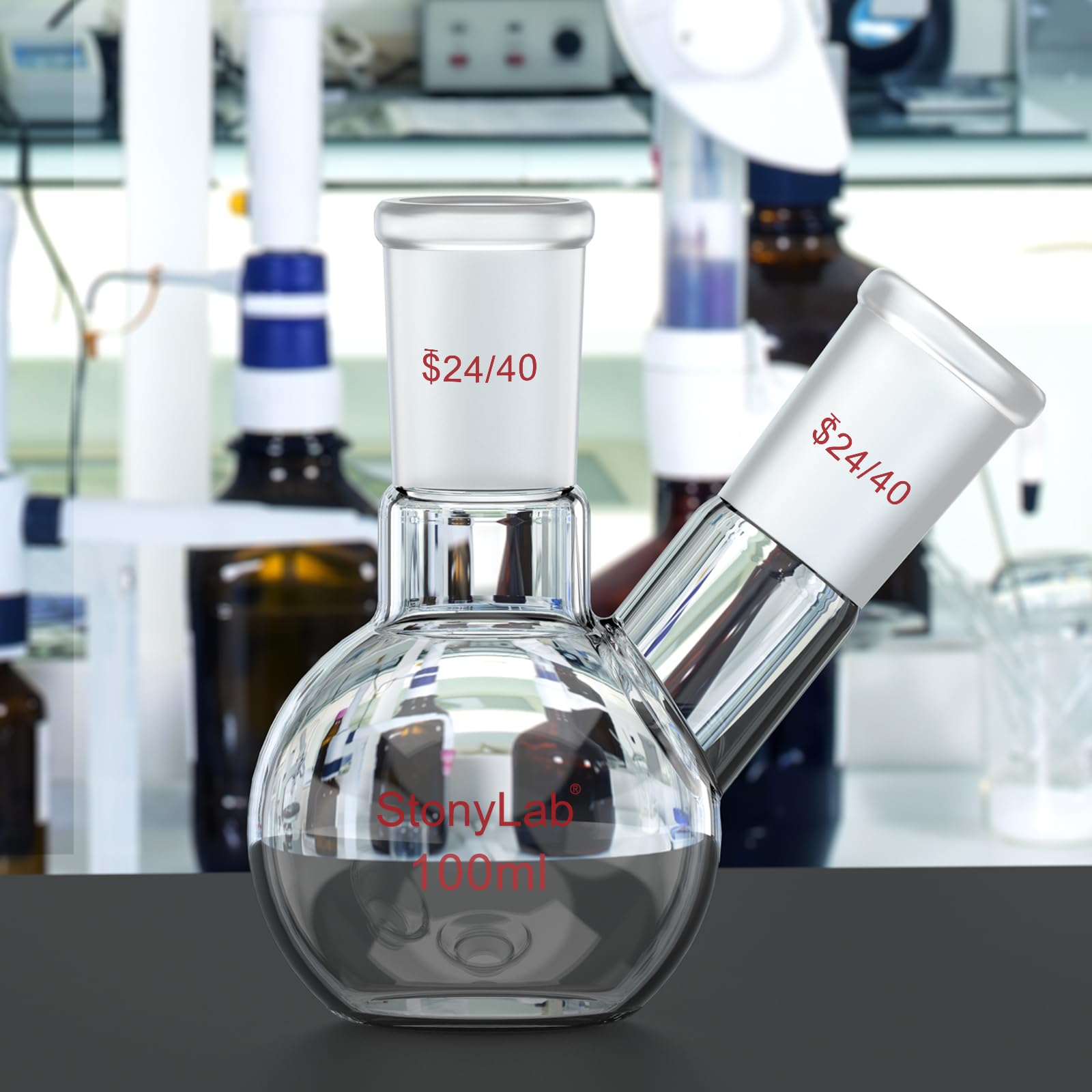 stonylab Flat Bottom Flask FBF, Heavy Wall 2-Neck Lab Flask Borosilicate Glass Flat Bottom Boiling Flask with 24/40 Standard Joint, 100 ml — Amazon image 6