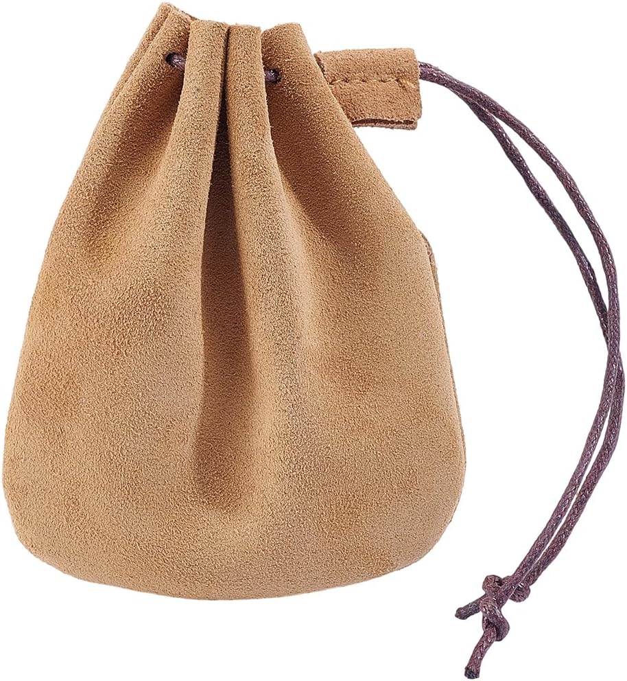 Beebeecraft Drawstring Cowhide Bag 4.7x3.9in Small Camel Color Leather Drawstring Pouches Genuine Leather Coin Pouch for Money Wallet Men Women