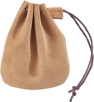 Beebeecraft Drawstring Cowhide Bag 4.7x3.9in Small Camel Color Leather Drawstring Pouches Genuine Leather Coin Pouch for Money Wallet Men Women