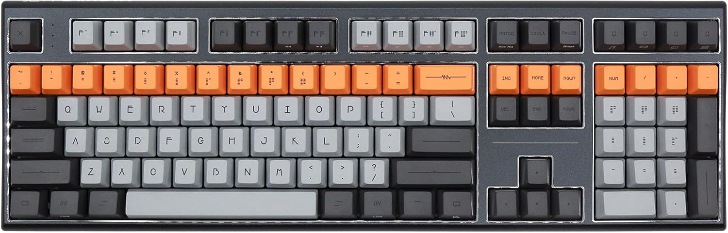 ລົງລຸ່ມ view of the Varmilo VBS108 Lure Bot mechanical keyboard, showcasing its full layout with gray, black, and orange keycaps.