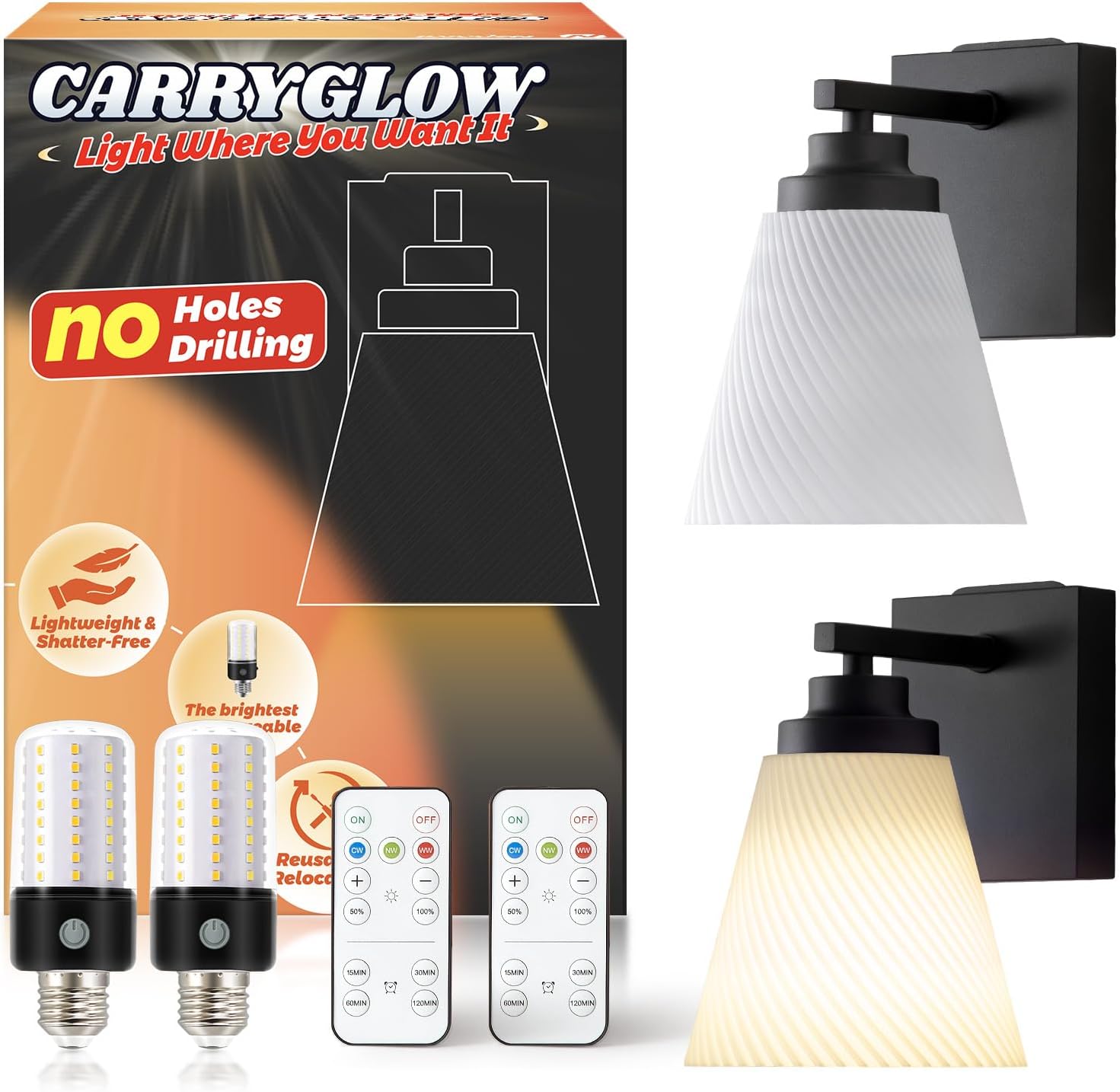 CARRYGLOW Battery Operated Wall Sconce Set of 2, Peel and Stick No-Drill Wireless Wall Sconces, Brightest Rechargeable Wall Lights Battery Powered 360°Lighting, USB-C Fast Charging (Modern, Count, 2)