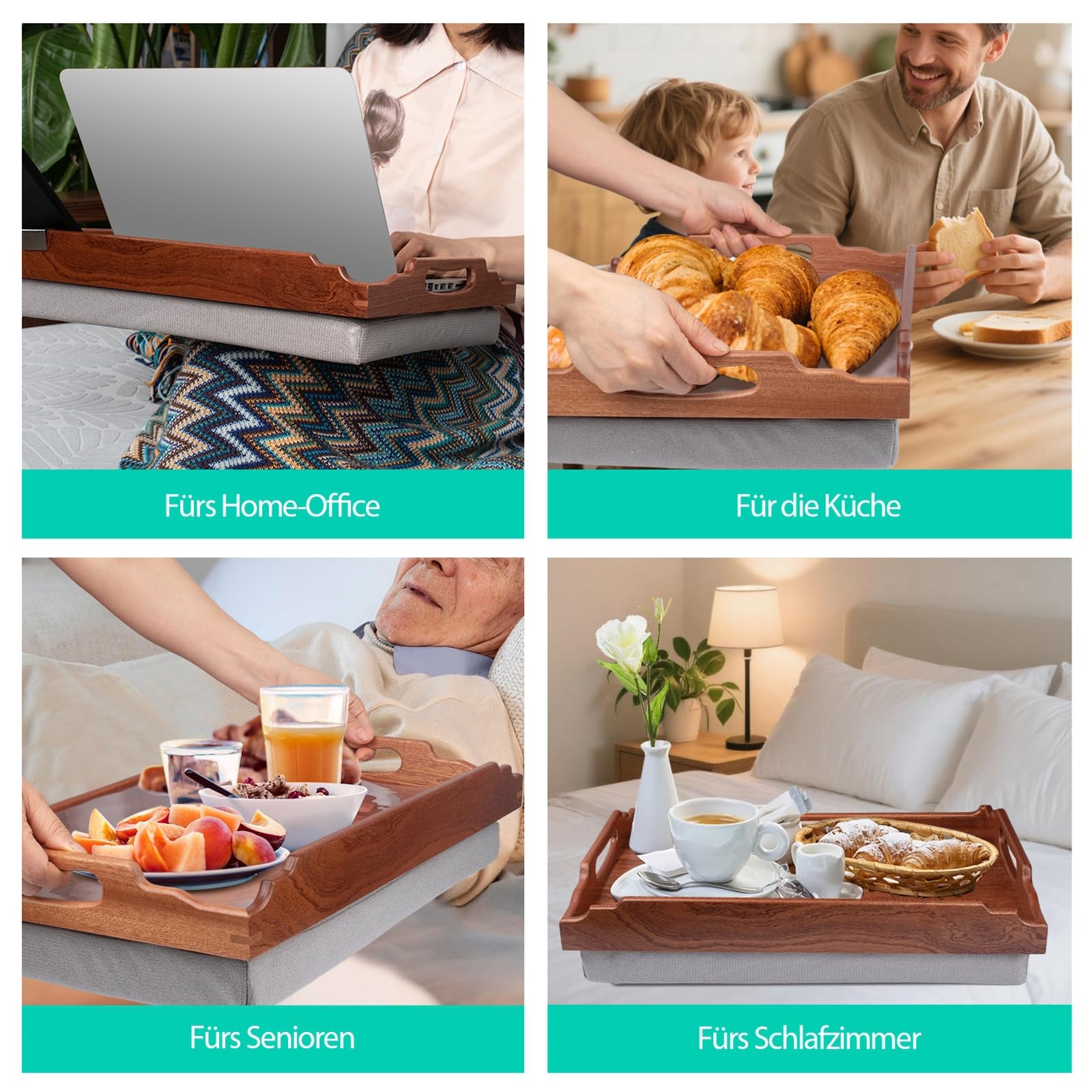 DRELIFAM Knietablett mit Kissen, Betttablett aus Holz zum Essen, Knietablett für Liegestuhl, Frühstückstablett, TV-Dinner-Betttablett für Essen (Sapele-Holz)