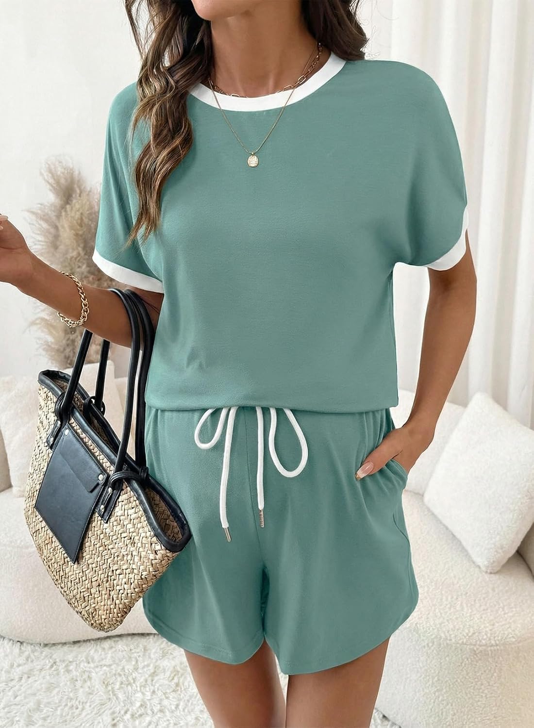 BLENCOT Women's Maternity Lounge Set Short Sleeve Top and Shorts Pajamas with Pockets