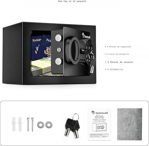 Miniatura 8 de Bonsaii Caja de seguridad con teclado electrónico, caja de seguridad de acero con llave, 0.23 pies cúbicos, 9.06 pulgadas de ancho x 6.69 pulgadas