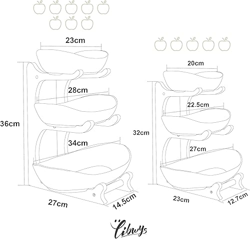 Miniatura 7 de SEVEN SPARTA Frutero de 3 niveles para encimera de cocina (edición PLUS), cuencos de cerámica con soporte de bambú, cesta de frutas escalonada de