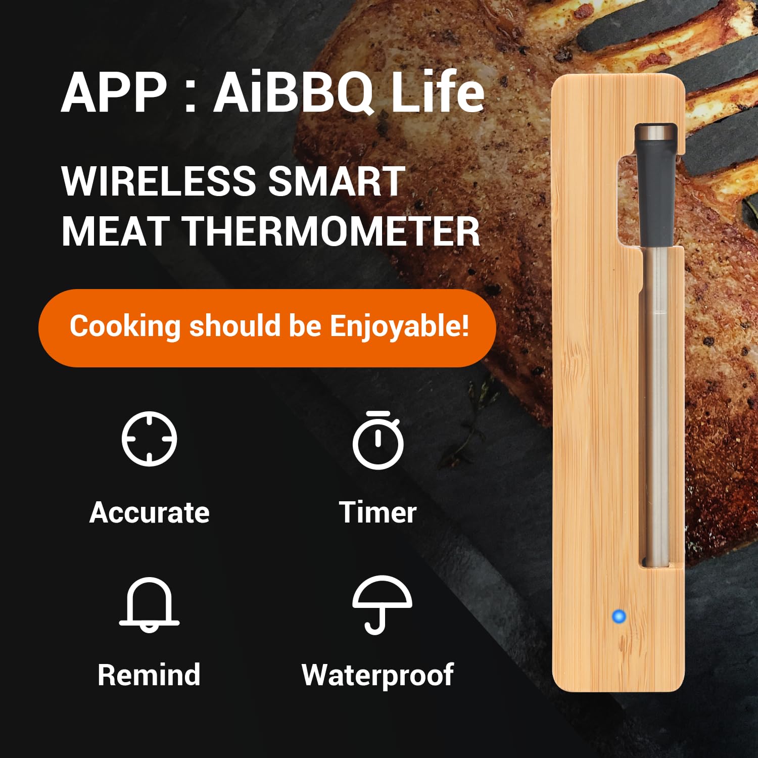 Smart Bluetooth Meat Thermometer with App, Wireless Digital Food Thermometer for BBQ Grilling, 1000°F Heat Resistant, IP68 Waterproof, Long Range for iOS Android