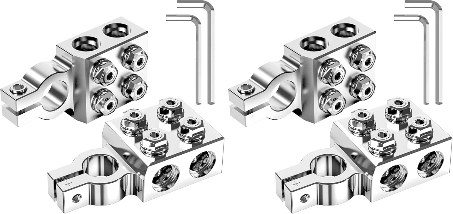 TOPDC 8-Way Lead Acid Battery Terminal Connector, Battery Cable Ends 8AWG up to 4/0(XL) AWG, Positive and Negative (+/-)(Pair) for SAE/DIN/EN Tapered Top Post (Pack of 2)