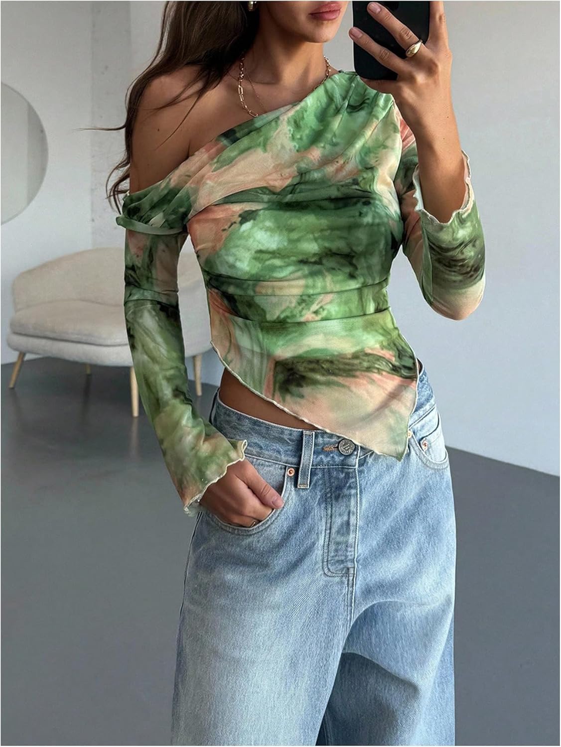 Floerns Women's Going Out Off The Shoulder T Shirts Long Sleeve Hanky Hem Mesh Y2k Tee Tops - Image 5