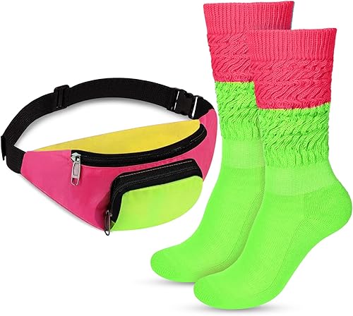 Hicarer Accesorios de disfraz de los años 80 para mujeres y niñas, cangurera retro neón, calcetines largos para fiestas de los años 80 y 90