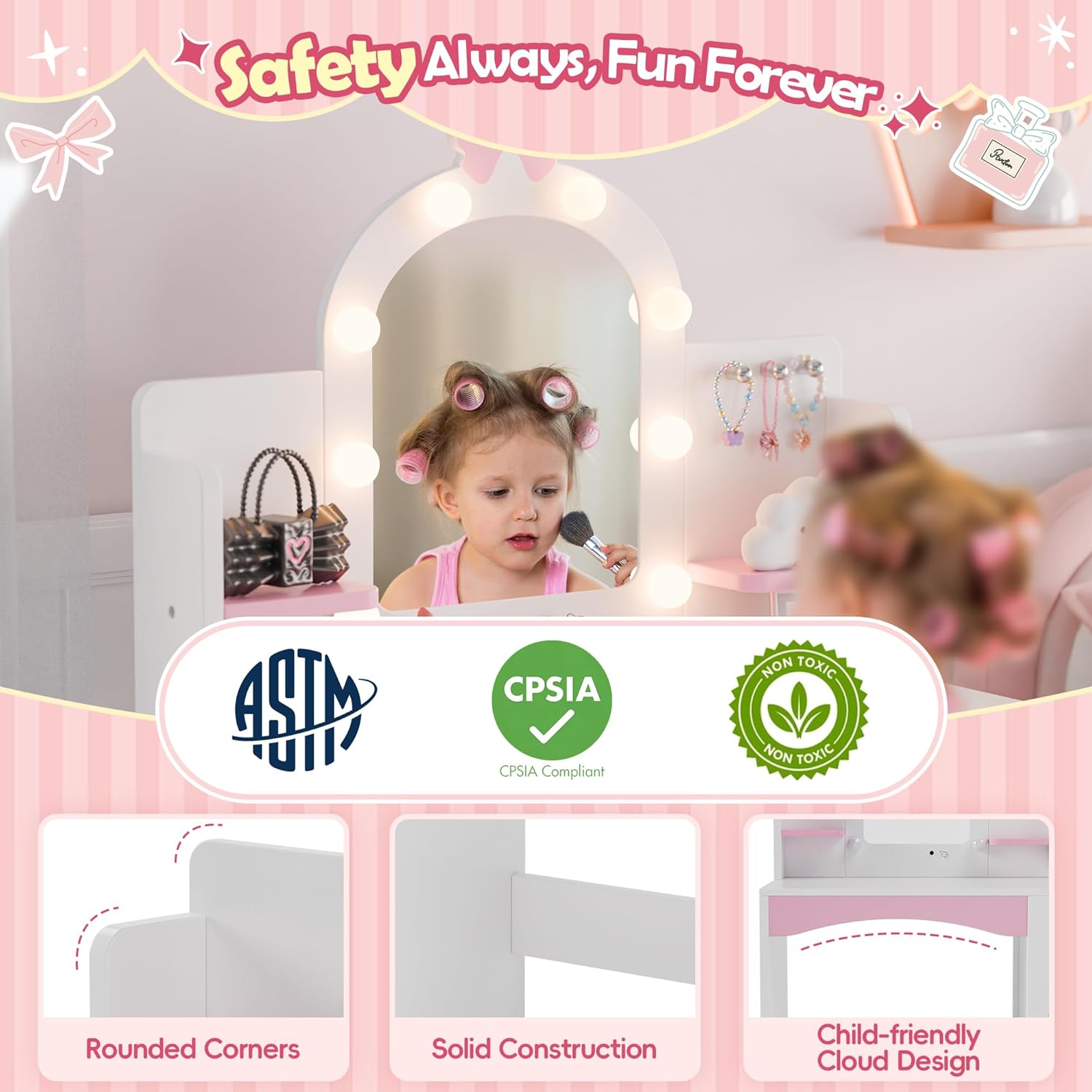 MU Kids Vanity with Lights, Princess Makeup Vanity Table and Chair Set for Girls, Toddler Vanity Desk with Open Bookshelf, Storage Cabinet & Shelves, Stools, White