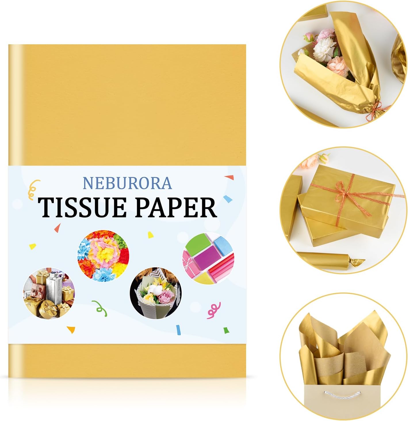 NEBURORA Metallic Gold Tissue Paper - 120 Sheets, 14 x 20 Inches, Bulk Gold Wrap Paper for Gift Bags, Packaging, Floral Filler, Crafts, Christmas, Birthday, Wedding Decor