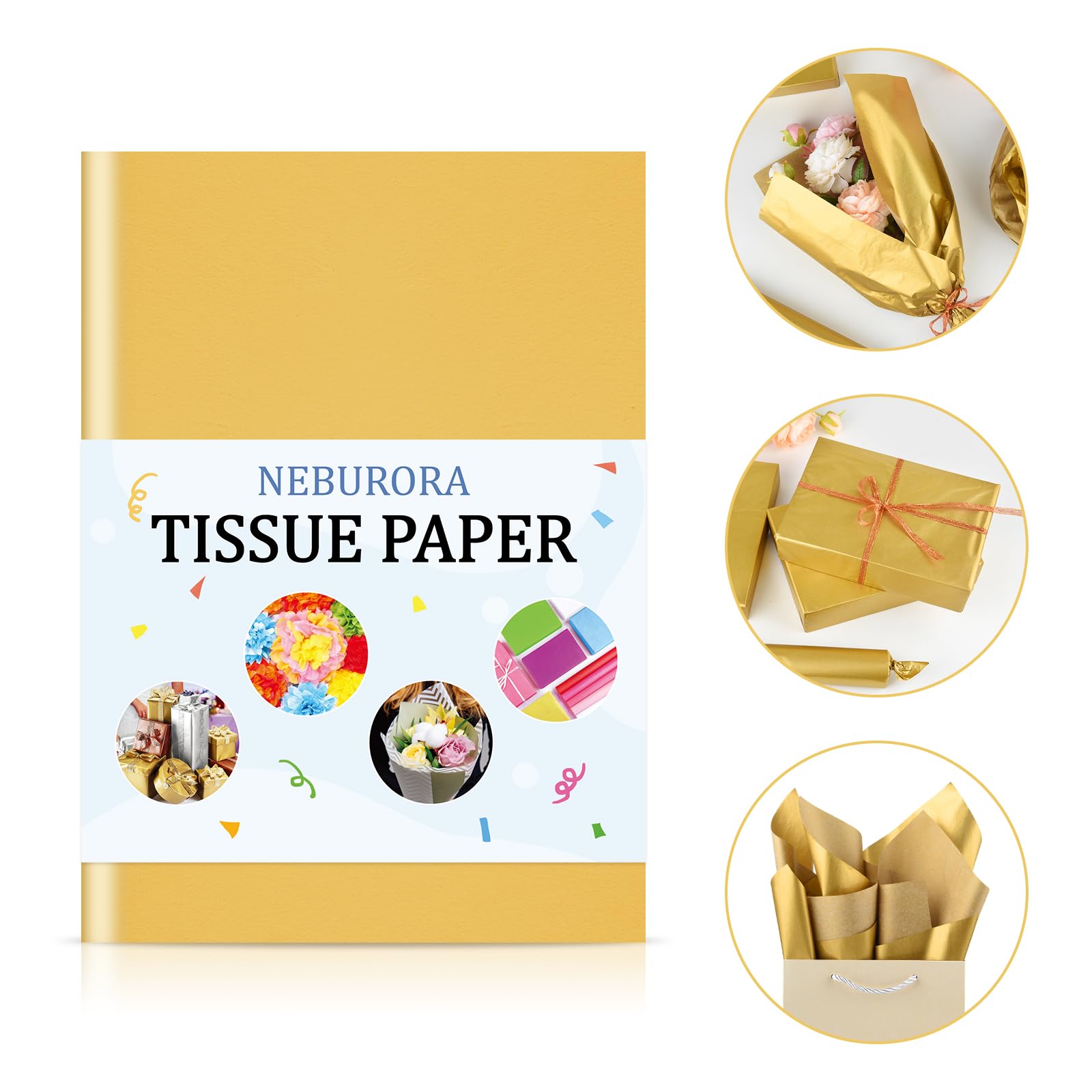 NEBURORA Papier de soie doré métallique pour sacs cadeaux 60 feuilles de papier de soie doré en vrac 35,6 x 50,8 cm Papier d'emballage doré pour cadeaux de Noël, emballage artistique, décorations NEBURORA Papier de soie doré métallique pour sacs cadeaux 60 feuilles de papier de soie doré en vrac 35,6 x 50,8 cm Papier d'emballage doré pour cadeaux de Noël, emballage artistique, décorations