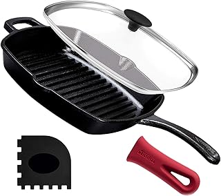 Cast Iron Square Grill Pan with Glass Lid - 10.5 Inch Pre-Seasoned Skillet with Handle Cover and Pan Scraper - Grill, Stov...