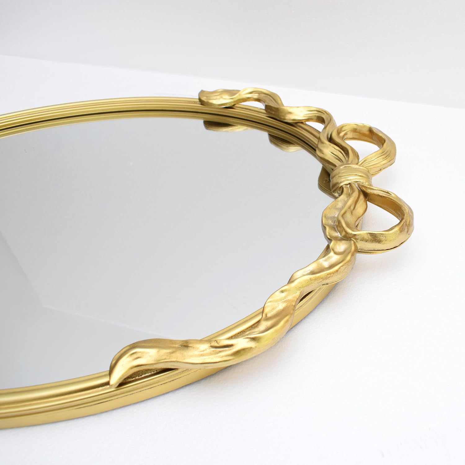 Oval Wall Mirror with Gold Finish, Iron Frame with Decorative Bow Design, Elegant Vintage Style