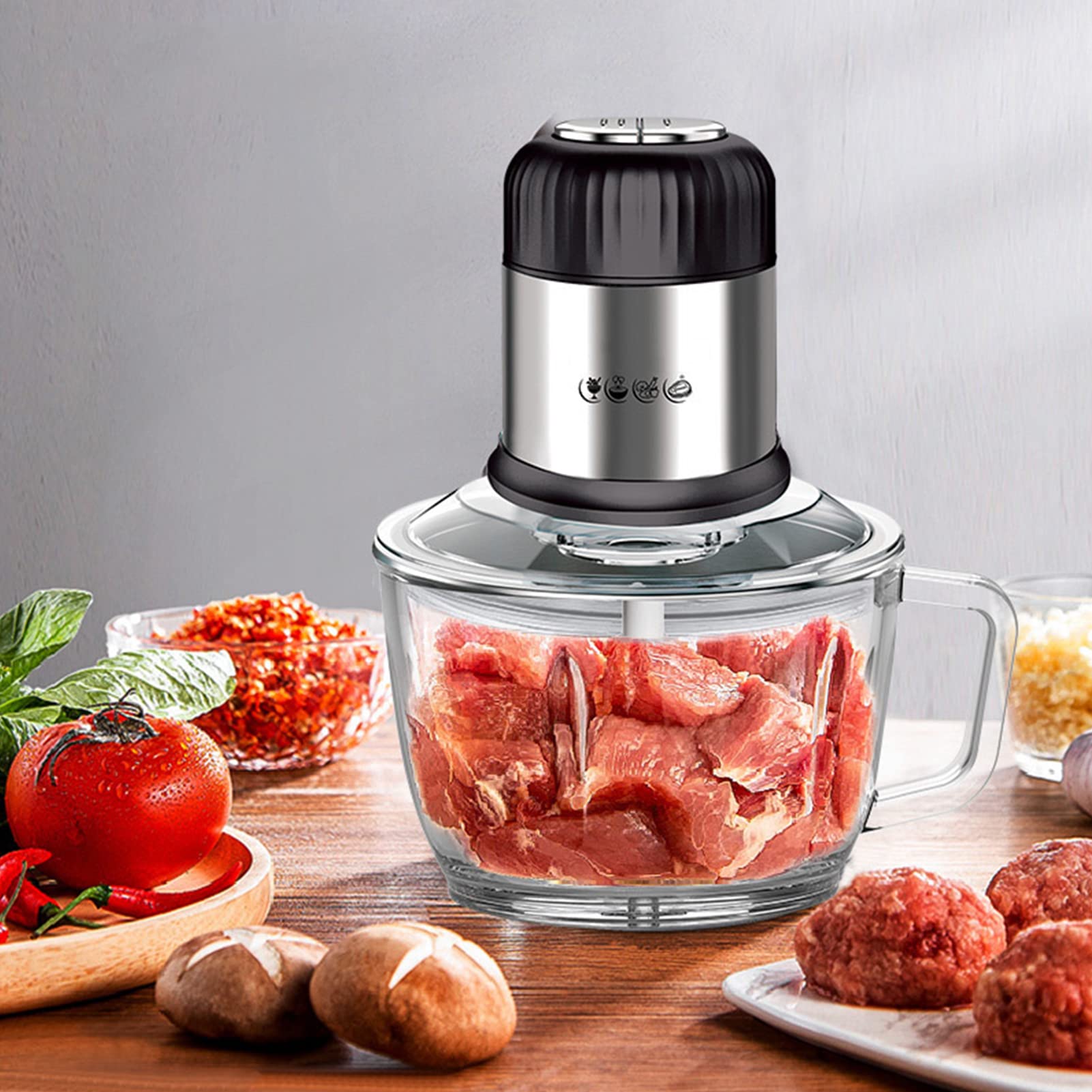 Hachoir hachoir électrique 2L, 800 W haute puissance, bol en verre avec poignée, robot culinaire à fonctionnement silencieux, machine de cuisson de cuisine pour viande, légumes, fruits, oignons e