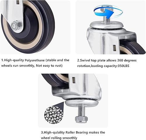 Miniatura 3 de Paquete de 4 ruedas de poliuretano escalonadas y completas de 4 pulgadas, con rodamiento de bolas doble, rueda giratoria con tornillos, capacidad