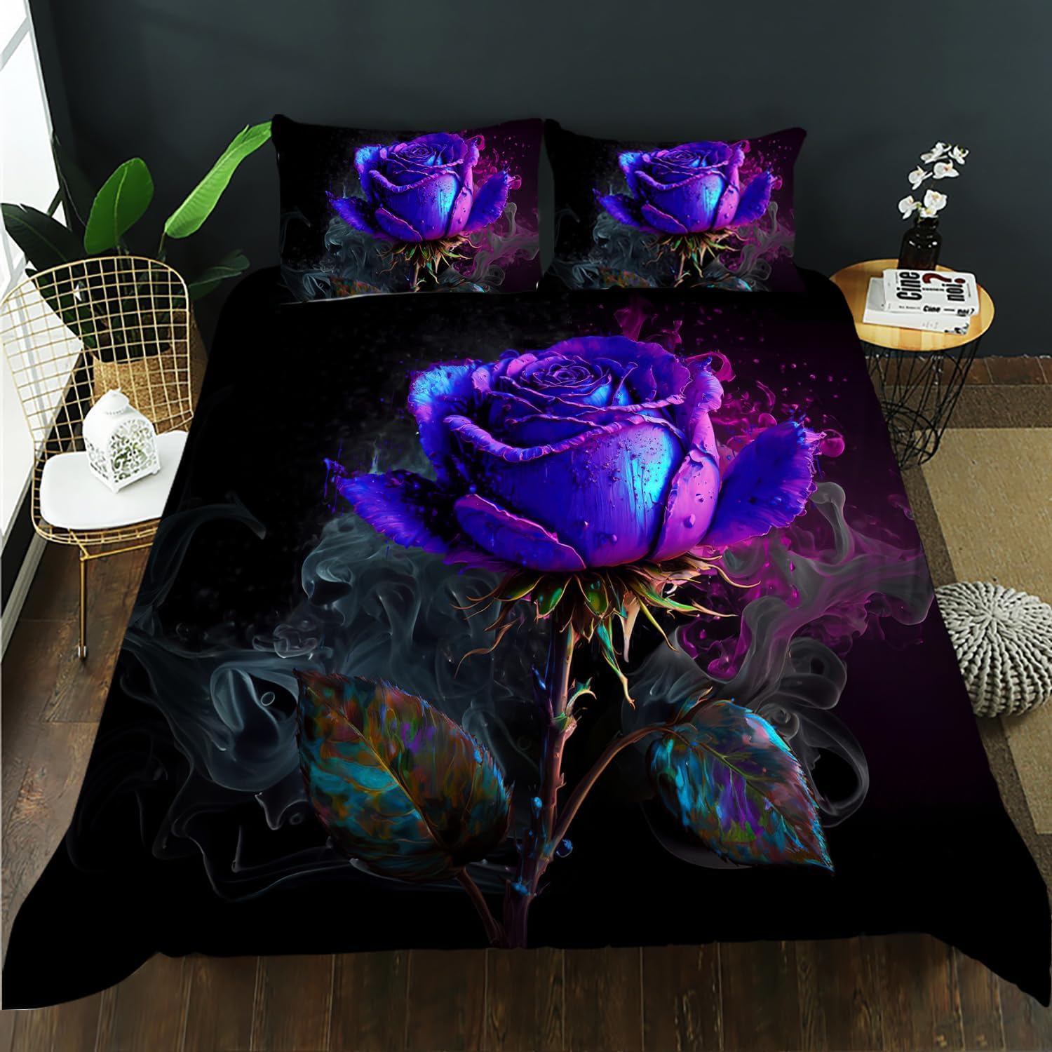AILONEN Purple Rose Duvet Cover King Size, 3D Purple Rose Bedding Set for Girls Teens,Romantic Ink Flowers Comforter Cover 3PCS,1 Quilt Cover + 2 Pillowcases,Soft Microfibre