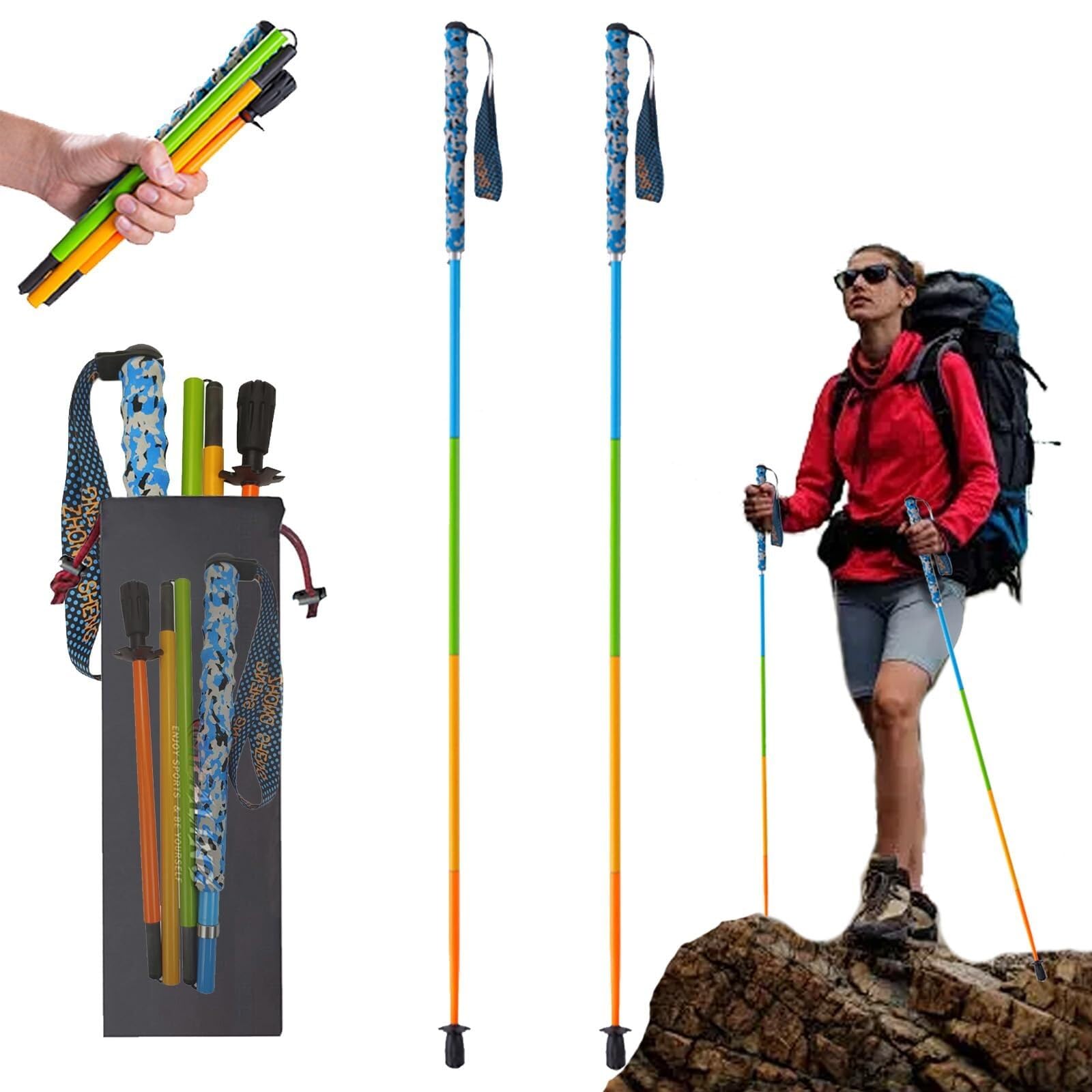 Ultralekkie składane kijki trekkingowe z włókna węglowego, zestaw 2 kijków trekkingowych dla mężczyzn i kobiet z korkowymi uchwytami i torbą do przechowywania