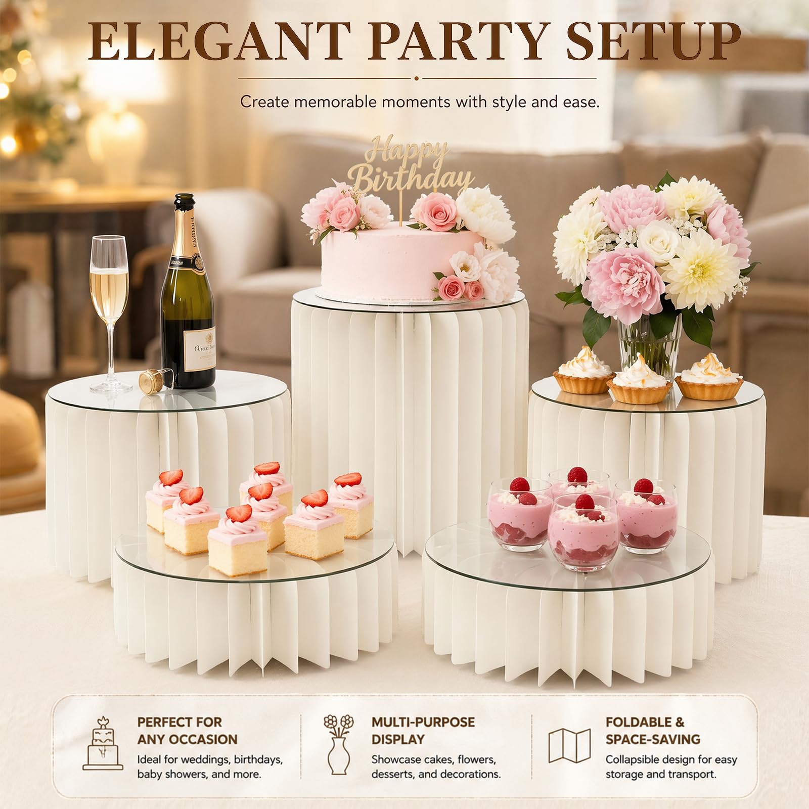 Lot de 5 présentoirs à gâteaux pliables, rehausseurs de buffet, présentoirs en carton avec plaques rondes en acrylique, présentoir à gâteau pour mariage, anniversaire, décoration de fête