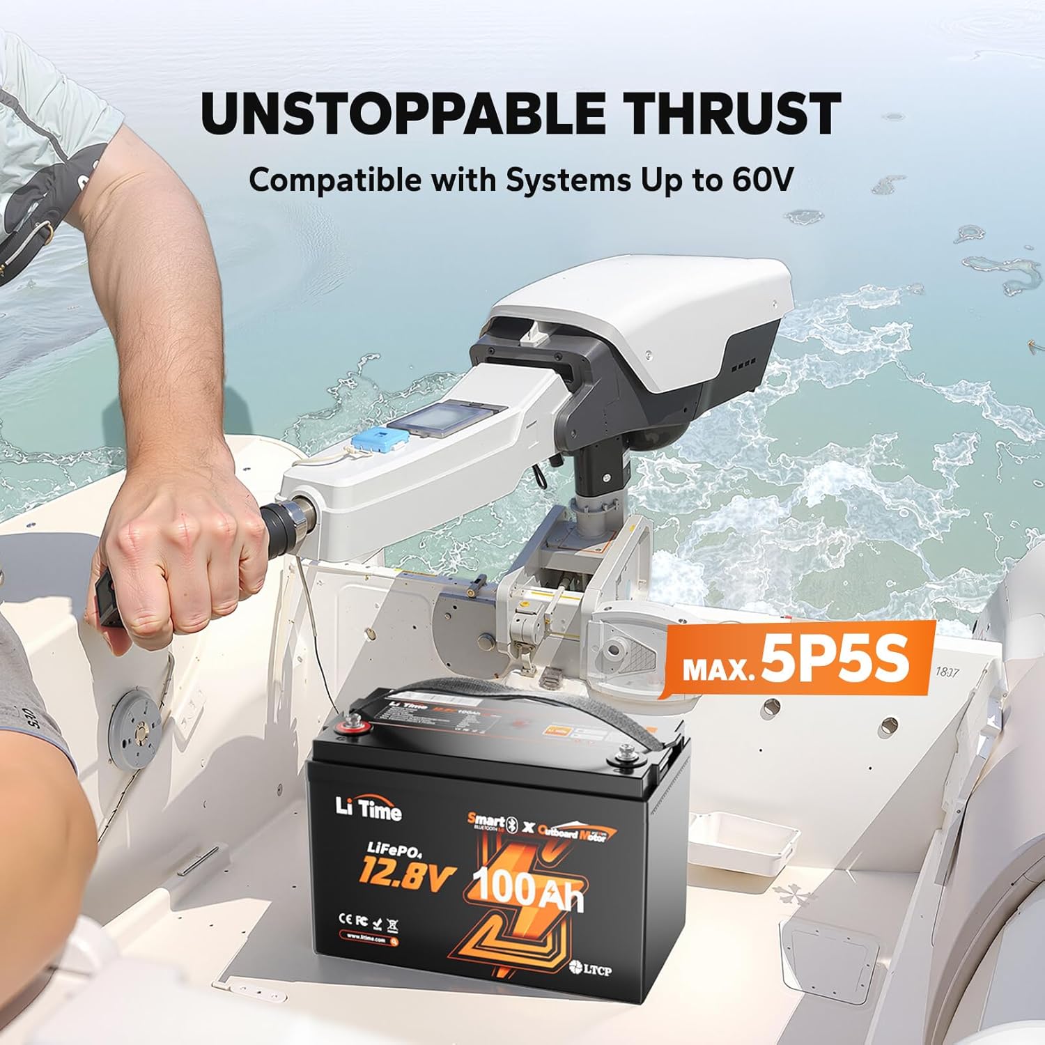 LiTime 12V 100Ah Marine Power Kit for Electric Trolling Motor up to 1200W - Complete Conversion Kit for Non-Powered Boats with 12V 100Ah LiFePO4 Bluetooth Battery, Fast Charger, Breaker & Cables