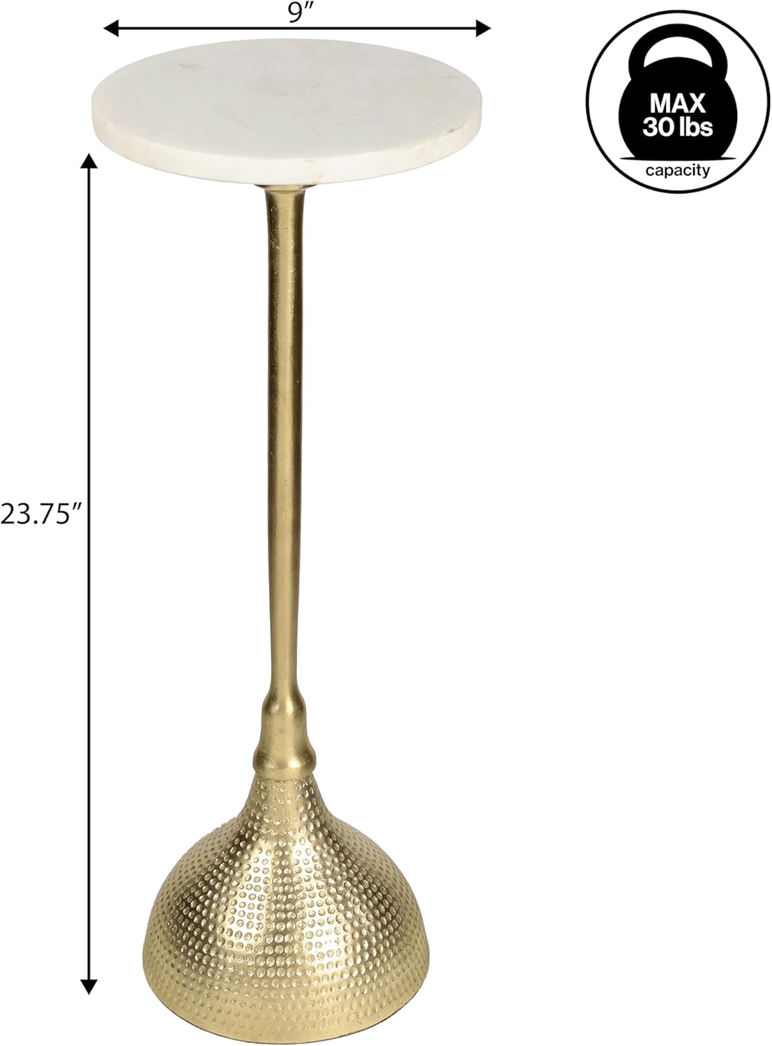 JONATHAN Y END4001A Ava 23.75" Art Deco Contemporary Metal Pedestal Drink Table and Decorative End Table with White Marble Round Top and Hammered Base for Living Room, Bedroom, Office, Gold