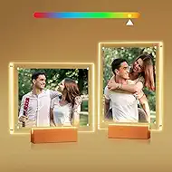 2 Pack 5x7 Acrylic Picture Frame with LED Light Wooden Base, Clear Magnetic Photo Frames, Gifts for Couple, Mom, Dad, Sister, Frineds