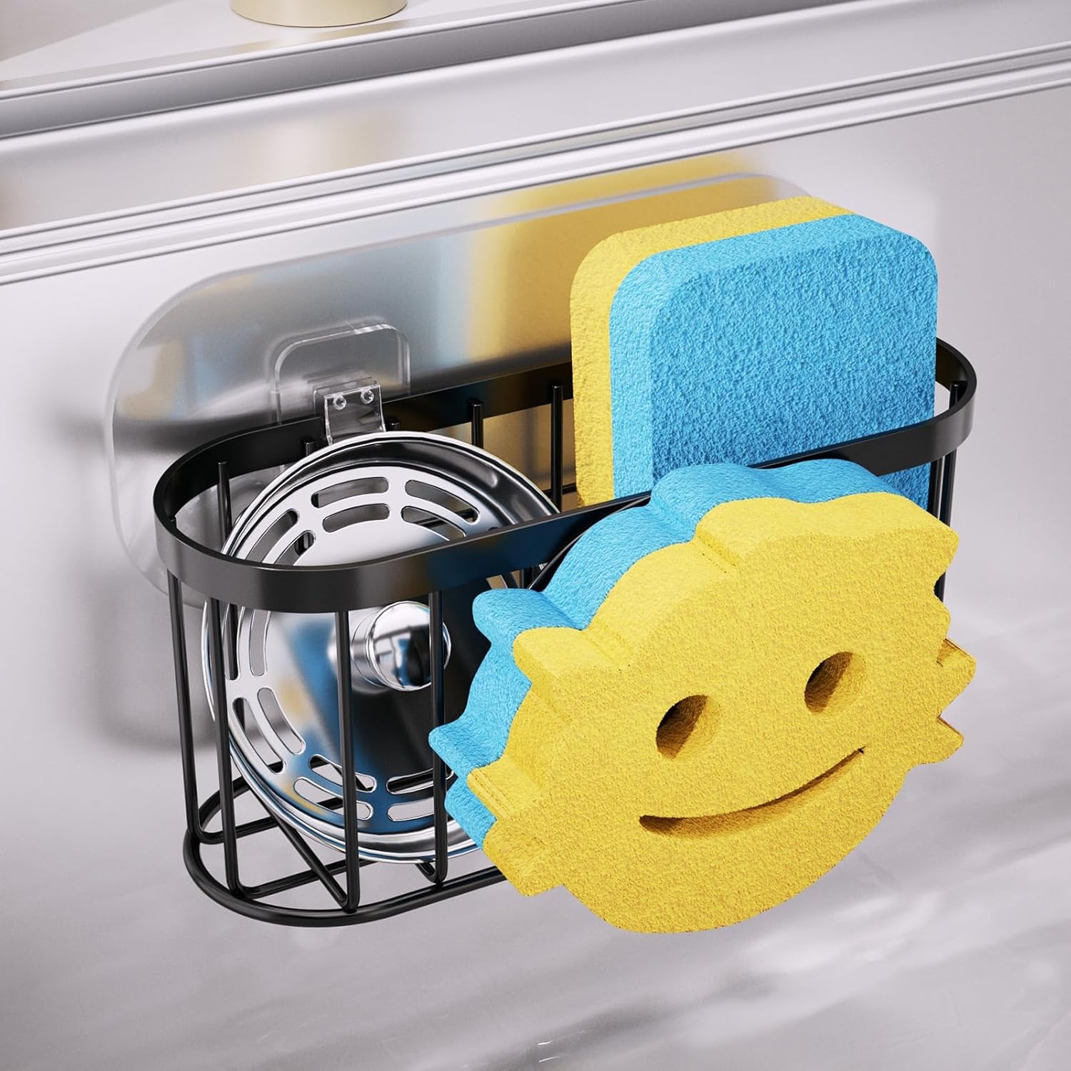 Consumest Smiley Face Sponge Holder - Stainless Steel Kitchen Sink Caddy Organizer with Suction Cups & Adhesive Strips, Black