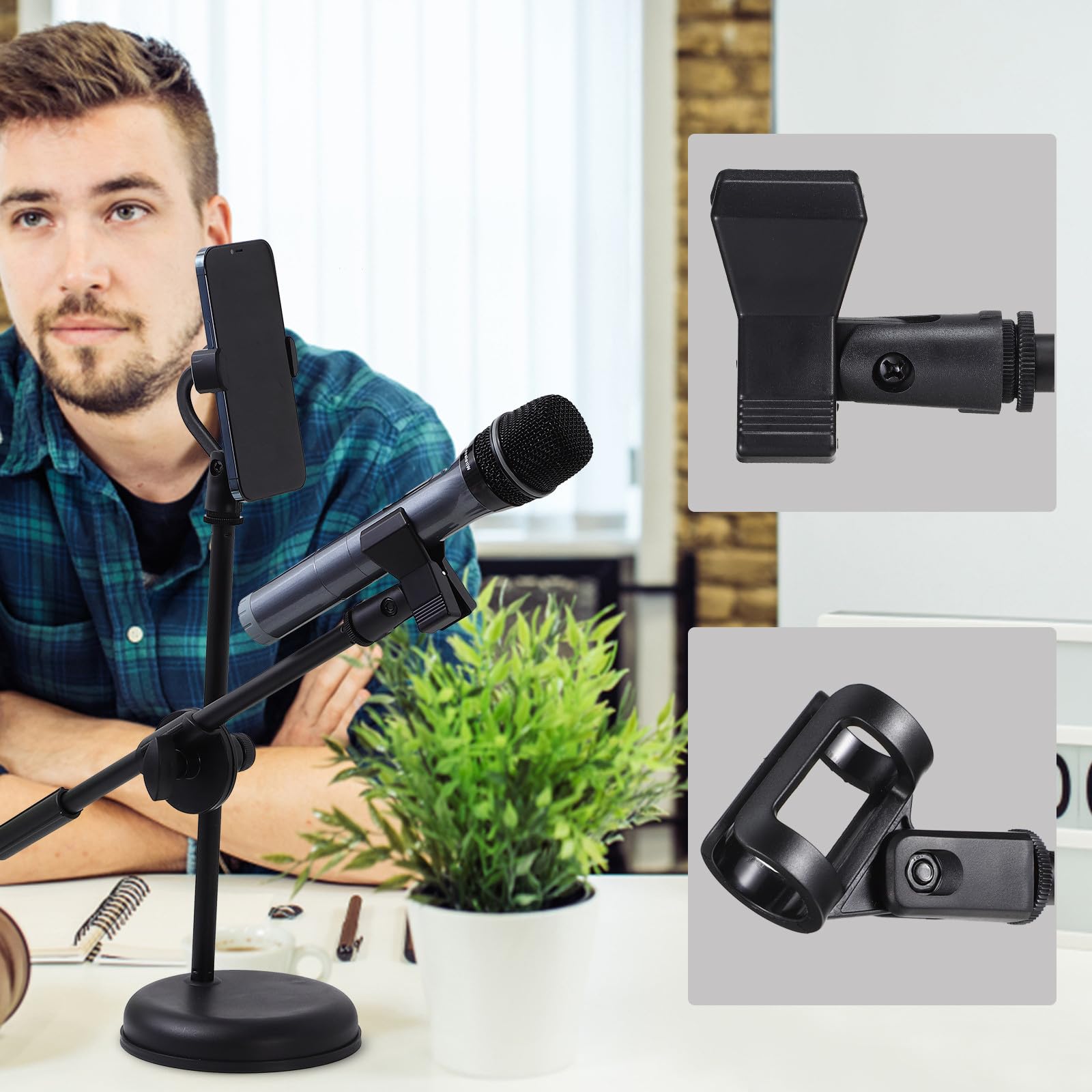 MAGICLULU Verstellbarer Mikrofonhalter aus Kunststoff mit Handyhalter und Abnehmbarem Design für Desktop und Podcasting Stabiler Tischmikrofonständer mit Dicker Basis