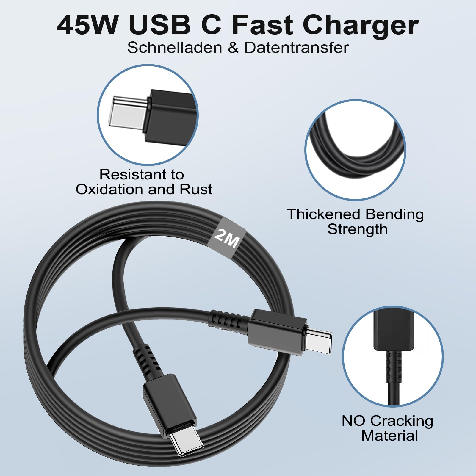 Vemfay 45W USB C Adapter con 2M cavo USB-C, Caricabatterie per Samsung S25/S24/S23/ S22 /S21 /S21 Ultra,S20 FE, A16/A15/A14/A56/A55/A34, Tipo C Alimentatore Spina Ricarica Adattatore