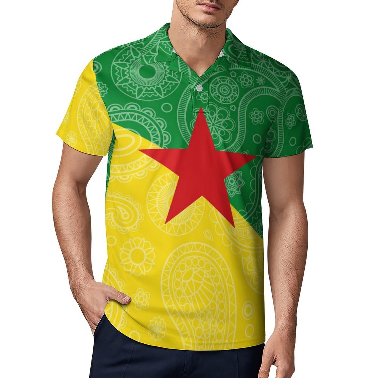 French Guiana Flag Paisley Pattern Novelty Men's Short Sleeve Shirts Funny Golf Tennis Work T-Shirt Sport Tee L