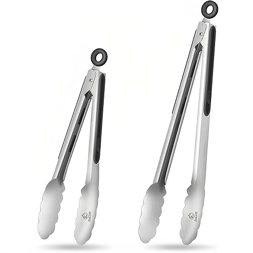 Cooking Tongs 2 PCS 12'' & 9'', Easy-Brush Lockable Heat