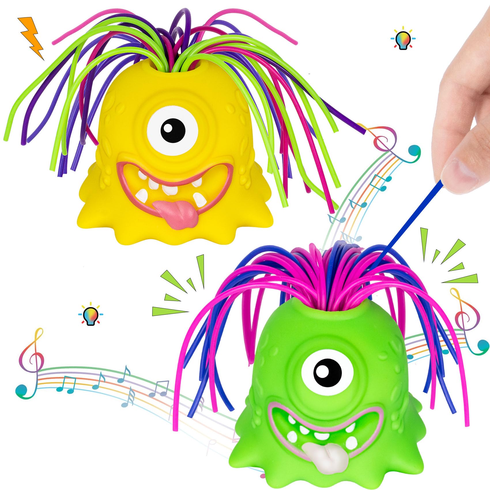 Set of 2 LED Light Up Monster Fidget Toys with Pulling Action and Funny Sounds, Great for Stress Relief, Blue and Purple