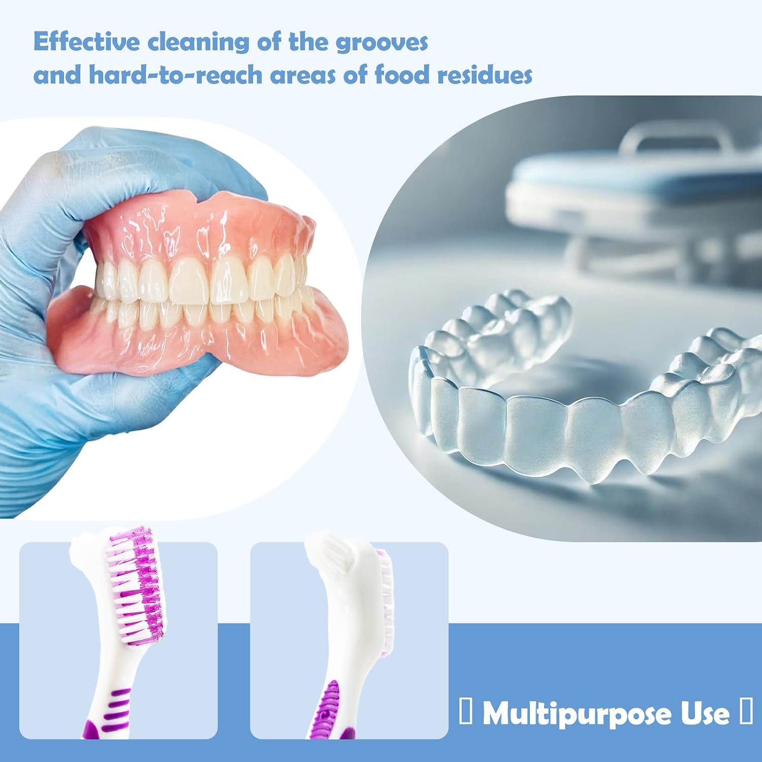 4 Pcs Denture Cleaning Brush and 1 Pcs Storage Case, Portable Denture Toothbrush, Retainer Brush with, Double Sided Toothbrush (4 Colors and Blue)