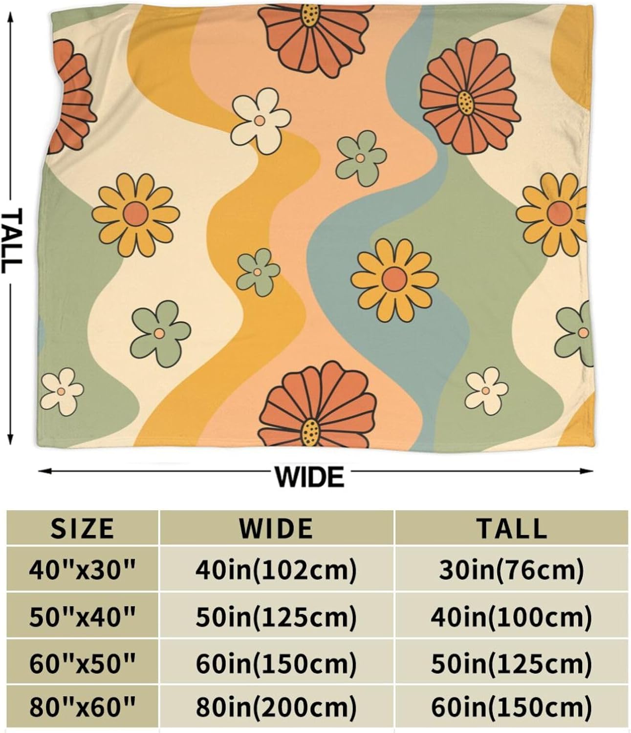 70s Groovy Waves Pretty Floral Blanket Soft Lightweight Throw Blankets Cozy Flannel Bed Throws for Sofa Couch Travel Home Room Bedroom Decor Gifts for Girls Women Kids Adults 60"x50"