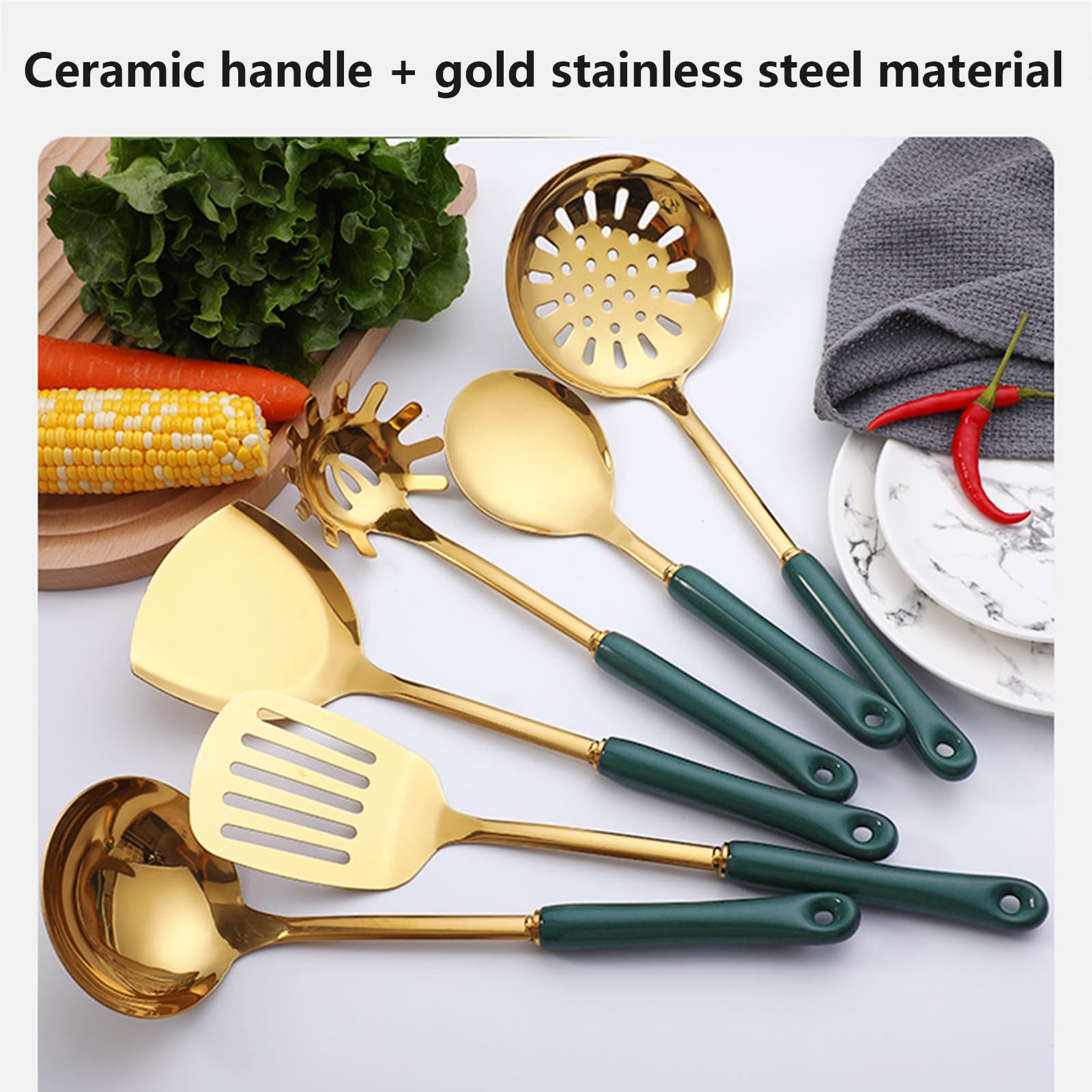 Juego De Utensilios De Cocina De 7 Piezas con Soporte, Mango De Cerámica Antiadherente Resistente Al Calor, Juego De Utensilios De Cocina De Acero Inoxidable, Utensilios De Cocina