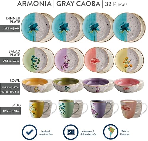 Miniatura 4 de Corona - Vajilla gris Armonia paquete de 32 piezas juego Armonia  Caoba gris pintado a mano y diseño floral juego de vajillas 32 piezas