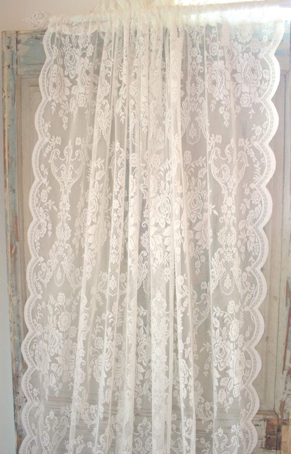 Offwhite Lucia Vorhang Spitzen Gardine Rosen 120x240 cm 2 Stück Gardinenshals Landhaus Shabby Vintag