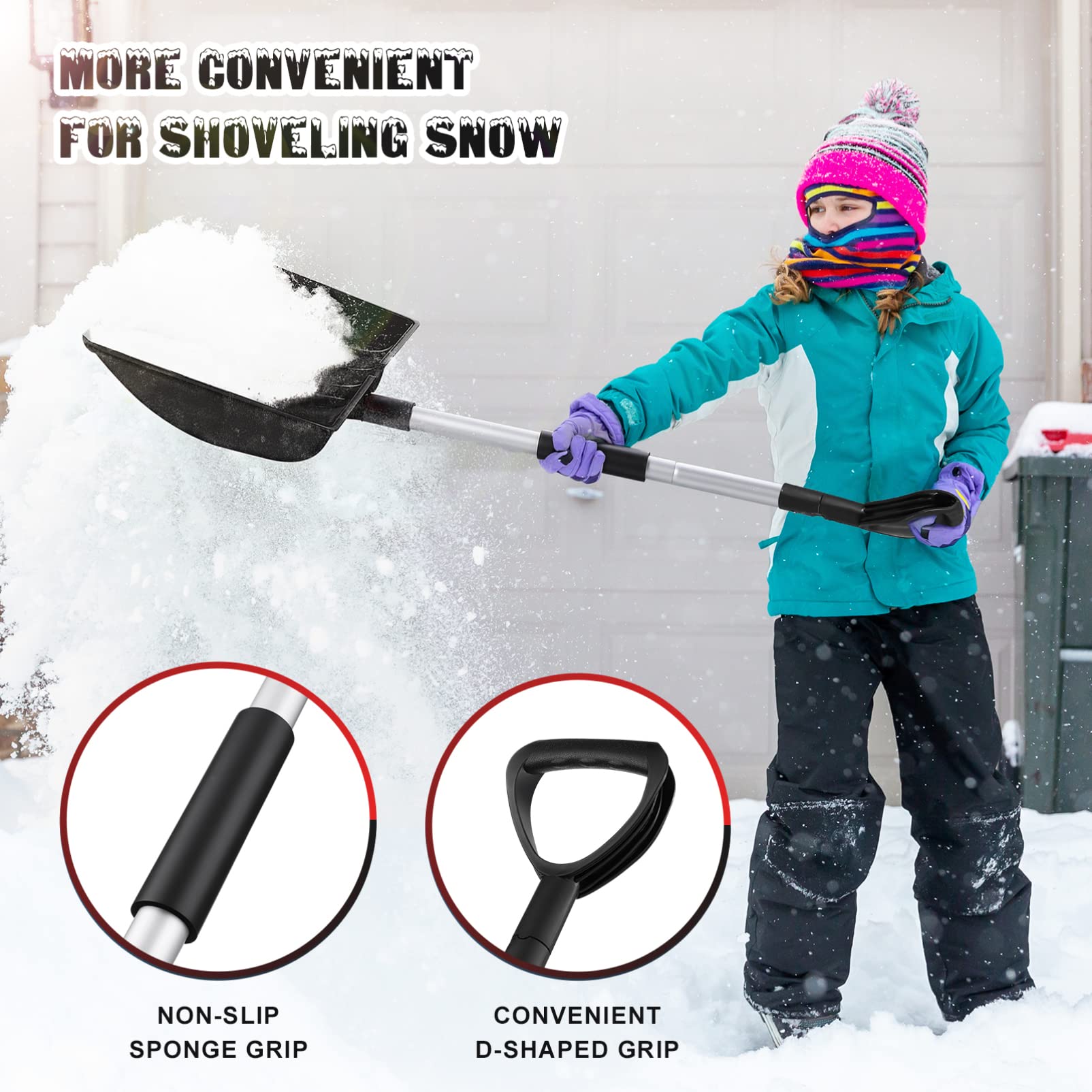 BESPORTBLE Ergonomischer Schneeschieber mit D-Griff aus Aluminiumlegierung rutschfest und Stabil für Garten und Hof Große Kapazität zur Schneeräumung