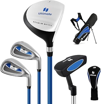 Goplus Junior Complete Golf Clubs Set for Kids, Right Hand Golf Clubs w/Stand Bag, 165CC #3 Fairway, #7 & #9 Irons, Putter, Head Cover, Rain Hood, Boys Girls Aged 8-10,11-13