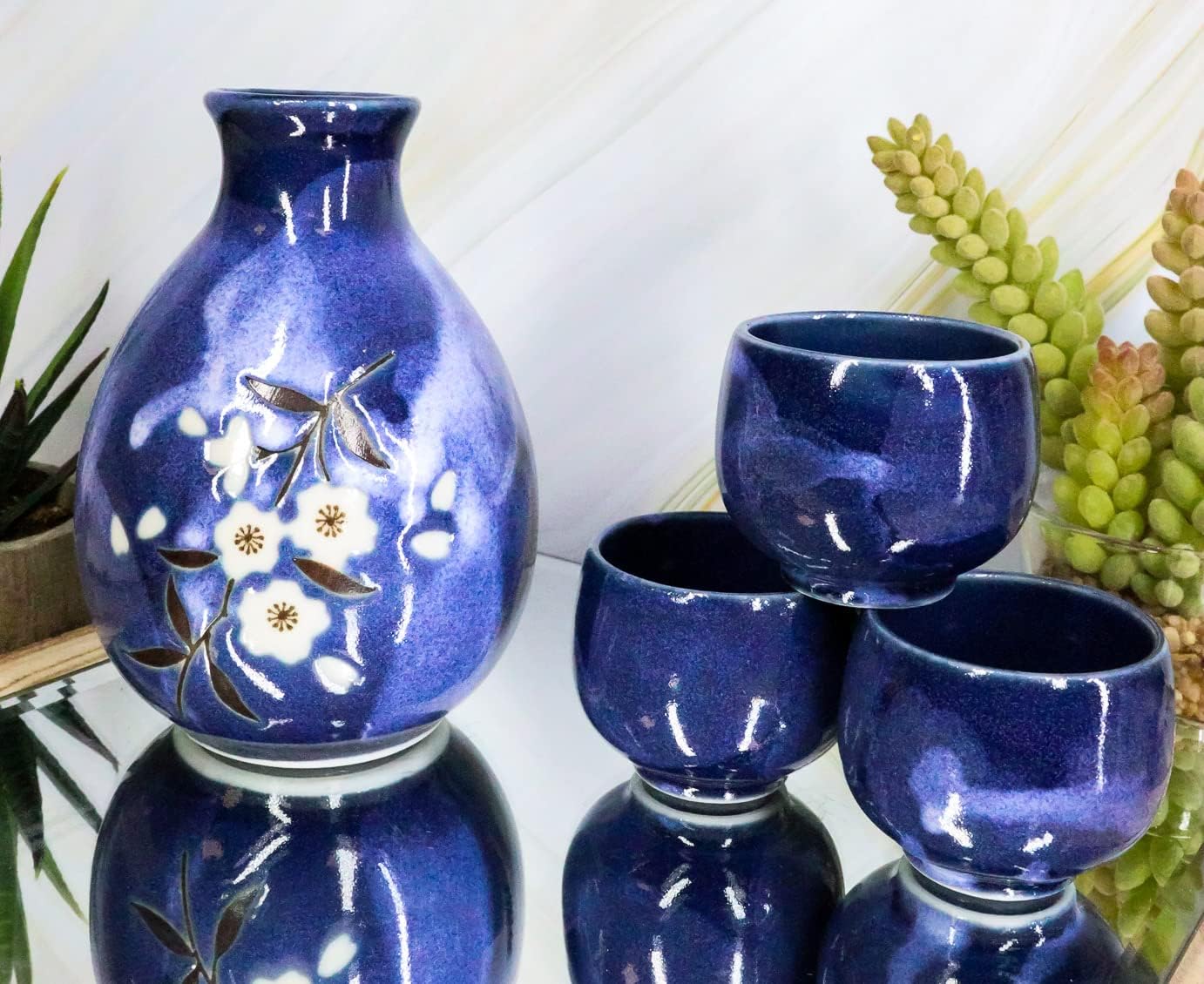 Ebros Gift Made In Japan 8oz Ceramic Artistic White Cherry Blossoms In Oceanic Blue And White Background Reduction Firing Technique Japanese Sake Set Tokkuri Flask With 4 Ochoko Cups