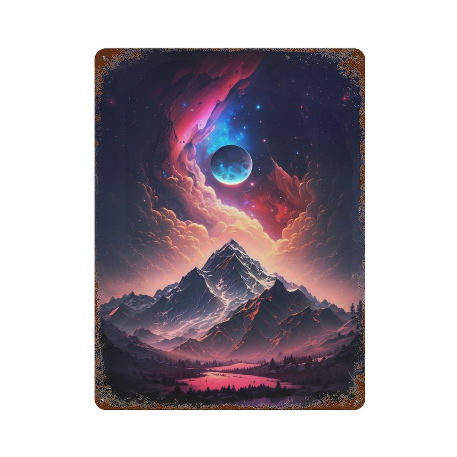 Rust Effect Nebula Mountains Rusty Metal Tin Sign 15.7"x11.8", Rustic Home Decor for Living Room, Hallway And Home Decor