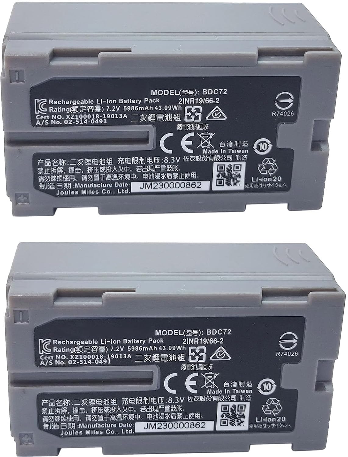 2PCS BDC72 Battery for OS ES FX101 GM52 Total Station, 7.2V, 5986mAh