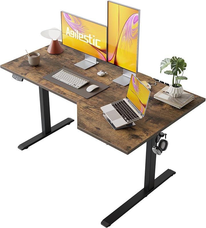 55 x 32 Inch Corner L Shaped Electric Standing Desk, Rustic Brown | Electric Height Adjustable, L-shape Workspace, Sturdy Steel Frame, Memory Preset, Hooks, 154 lbs, Easy Assembly, Splice Board