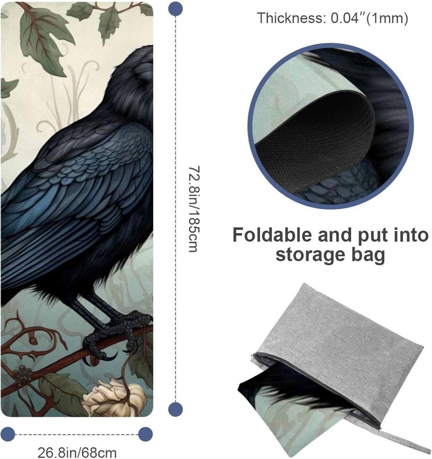 Yoga Towel, Black Crow Pattern Non Slip Sweat Absorbent Hot Yoga Mat Towel for Hot Yoga, Pilates and Fitness - 72.8" x 26.8"