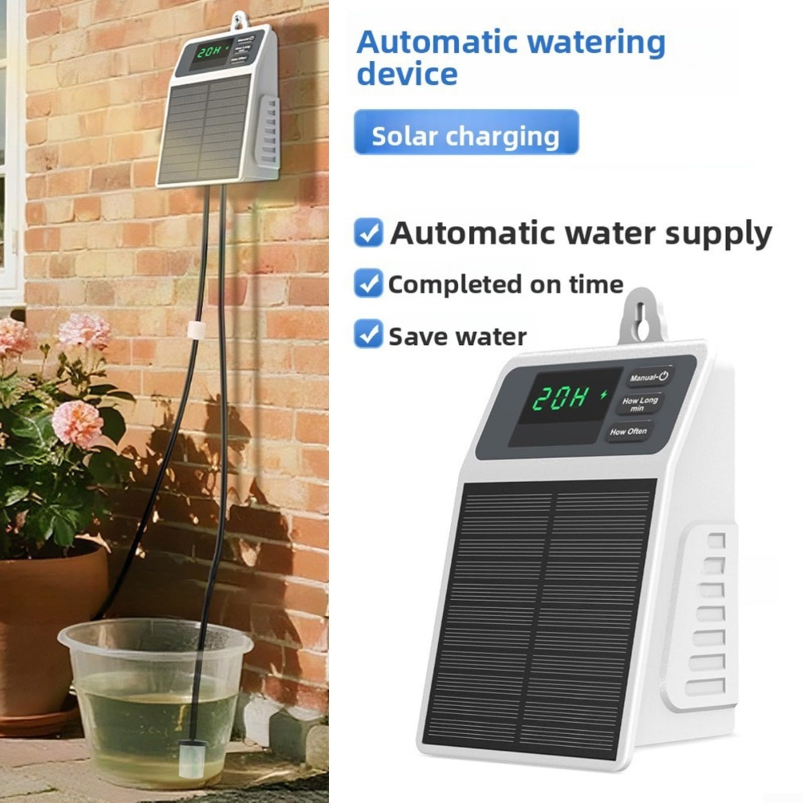 Sistema di irrigazione automatico con ricarica solare, timer USB-C per piante, 2200 mAh per batteria, impermeabile IPX5, frequenza e durata regolabili, per 10-15 vasi, per interni ed esterni, giardino