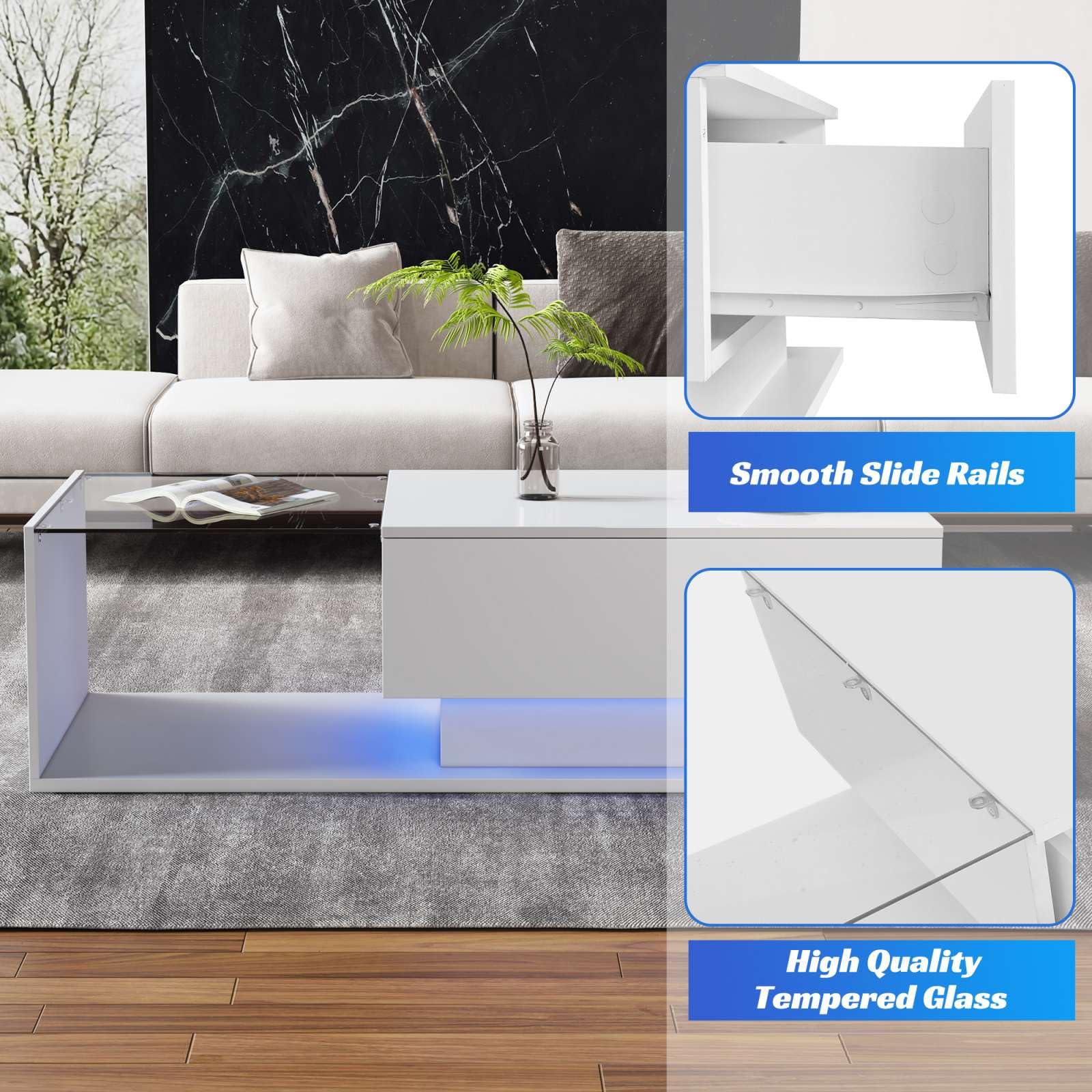 KOMHTOM Tavolino salotto bianco con piano in vetro Tavolino basso da salotto, tavolino da caffè a LED con cassetto Tavolino moderno Mobili da soggiorno (bianco)